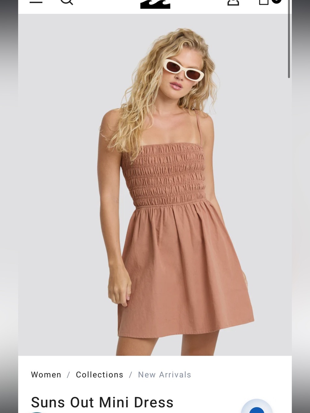 Billabong Suns Out - Dusty Brown Smocked Bodice Mini Dress